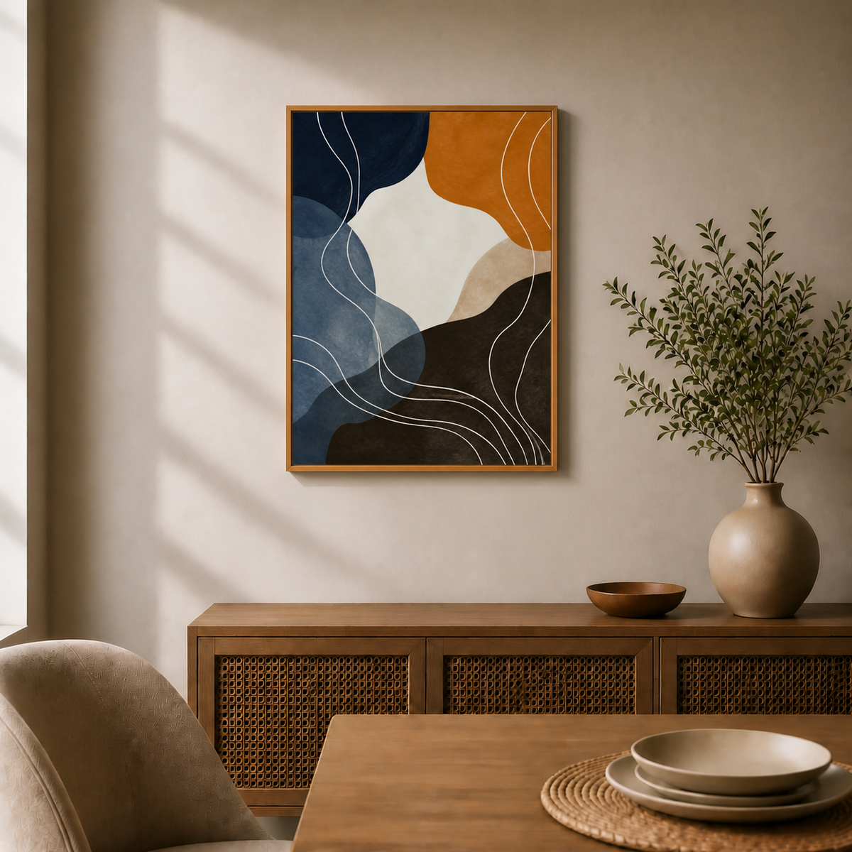 Navy Caramel Organic Contour Canvas Wall Art - Brown Frame wall scene