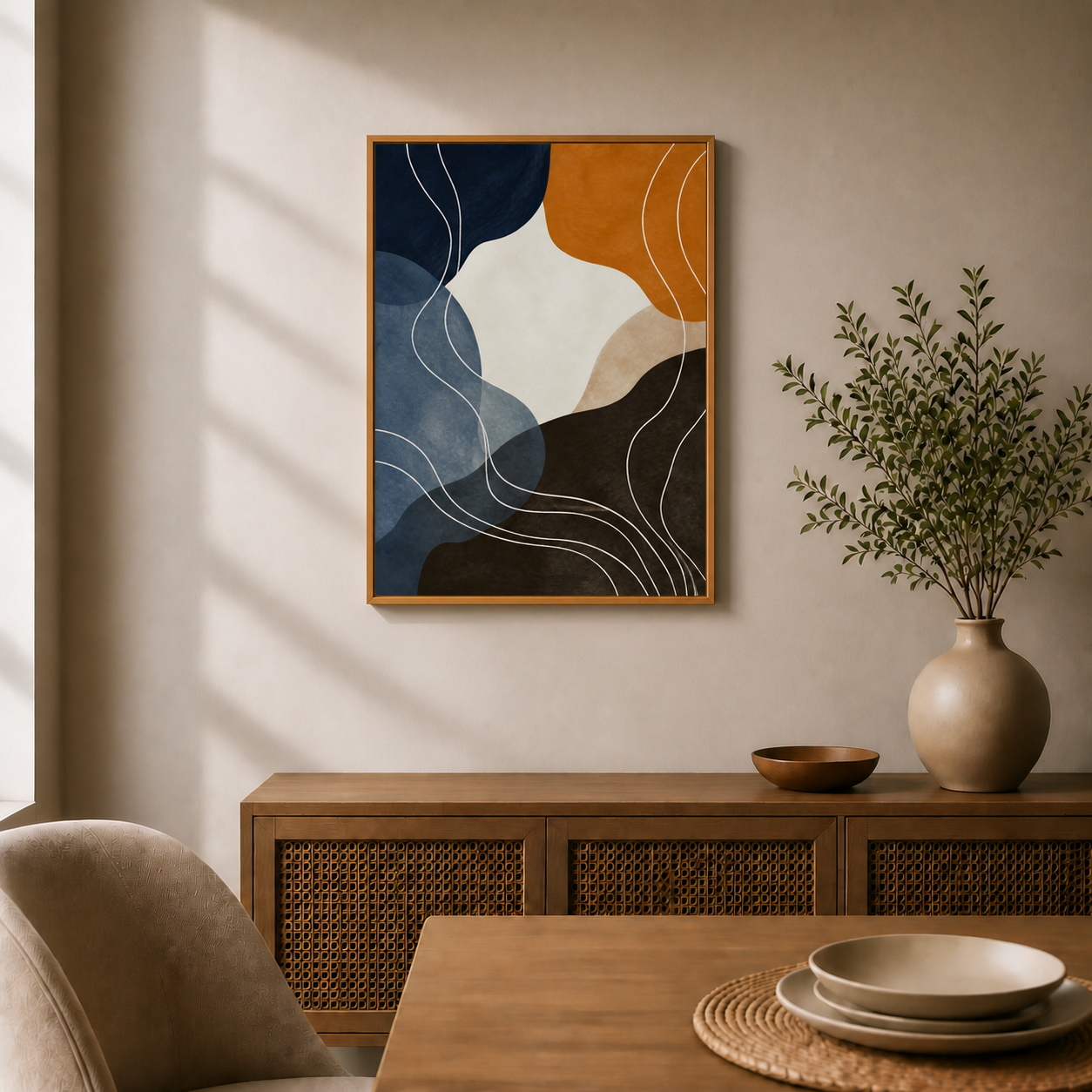 Navy Caramel Organic Contour Canvas Wall Art - Brown Frame wall scene