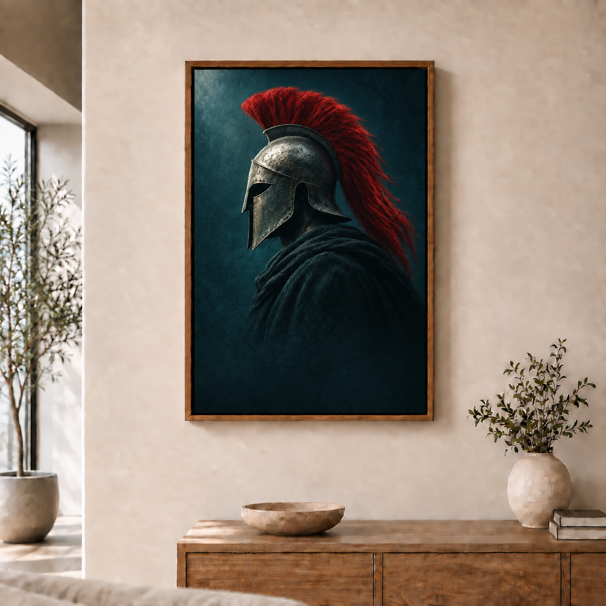 silver helmet warrior with red crest in brown frame room scene
