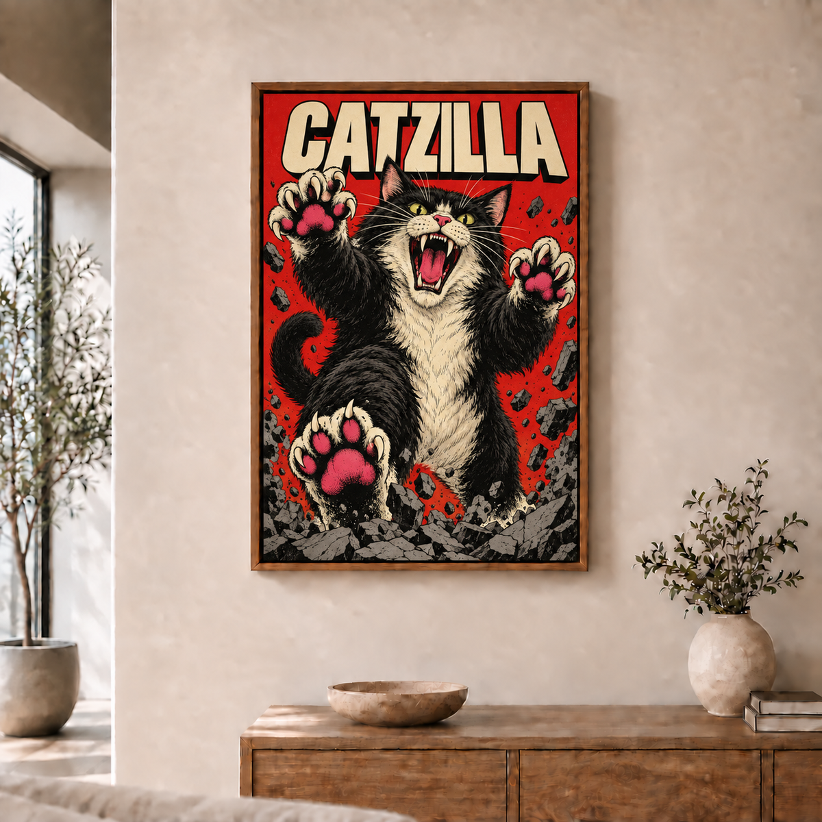 CATZILLA cat kaiju in comic city scene in brown frame room scene