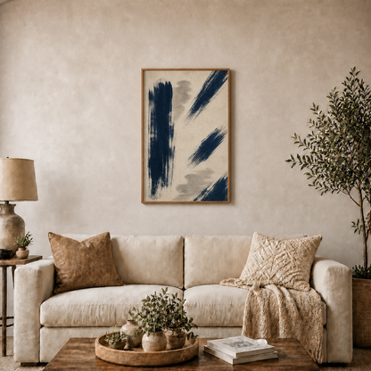 Navy Dry Brush Abstract Floating Frame Wall Art - Brown Frame wall scene