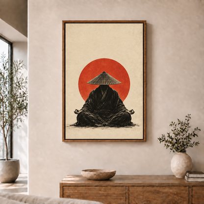 meditating monk before a red sun in brown frame room scene