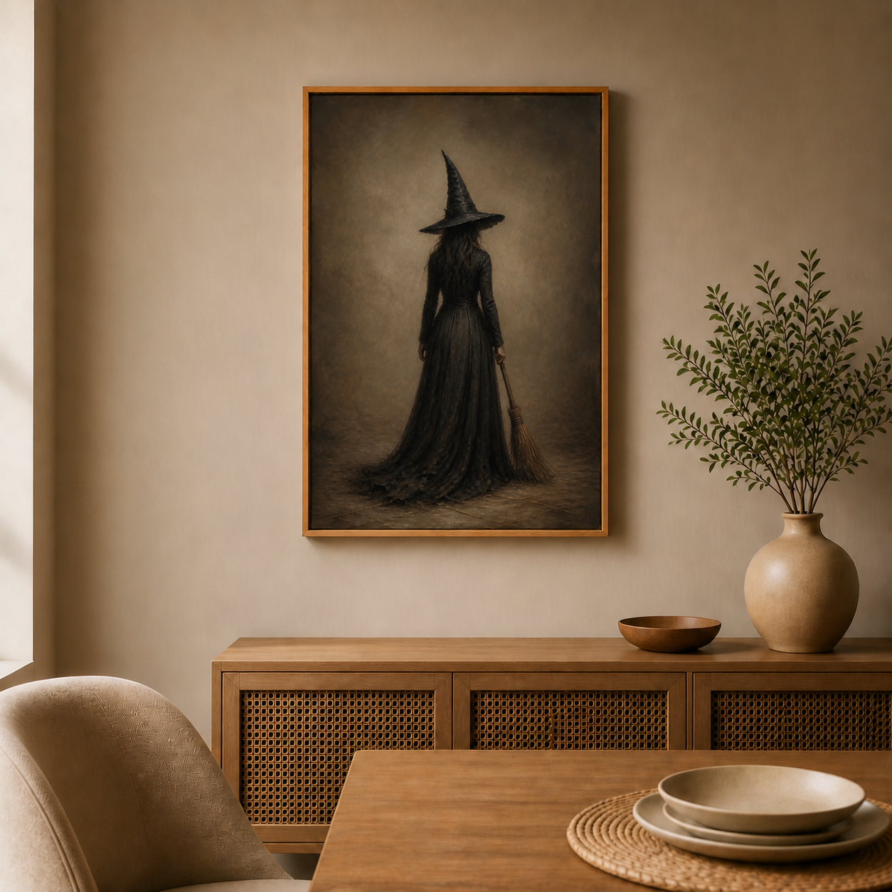 Lone Witch with Broom Dark Fantasy Canvas Wall Art - Brown Frame wall scene