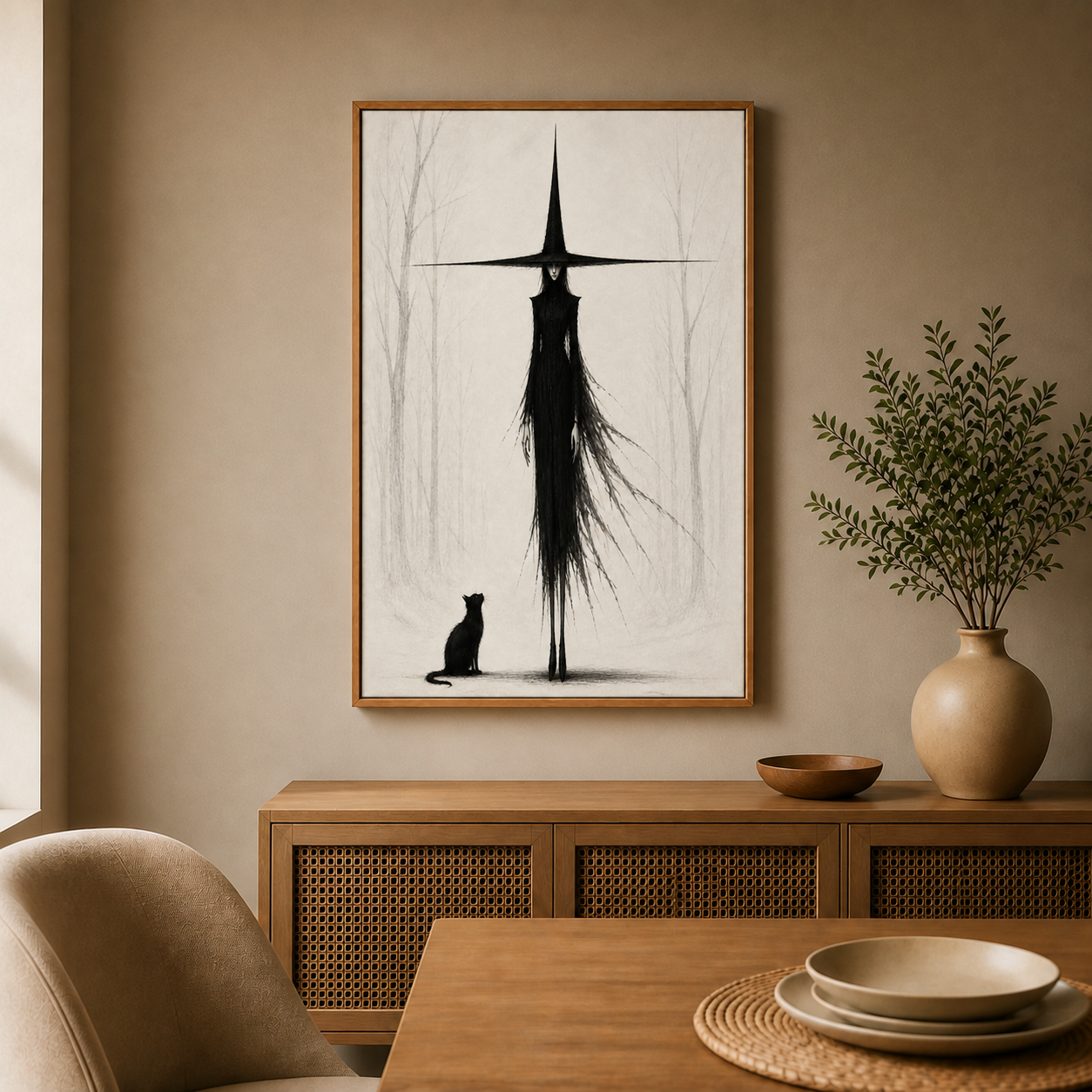 Tall Witch and Black Cat Monochrome Canvas Wall Art - Brown Frame wall scene