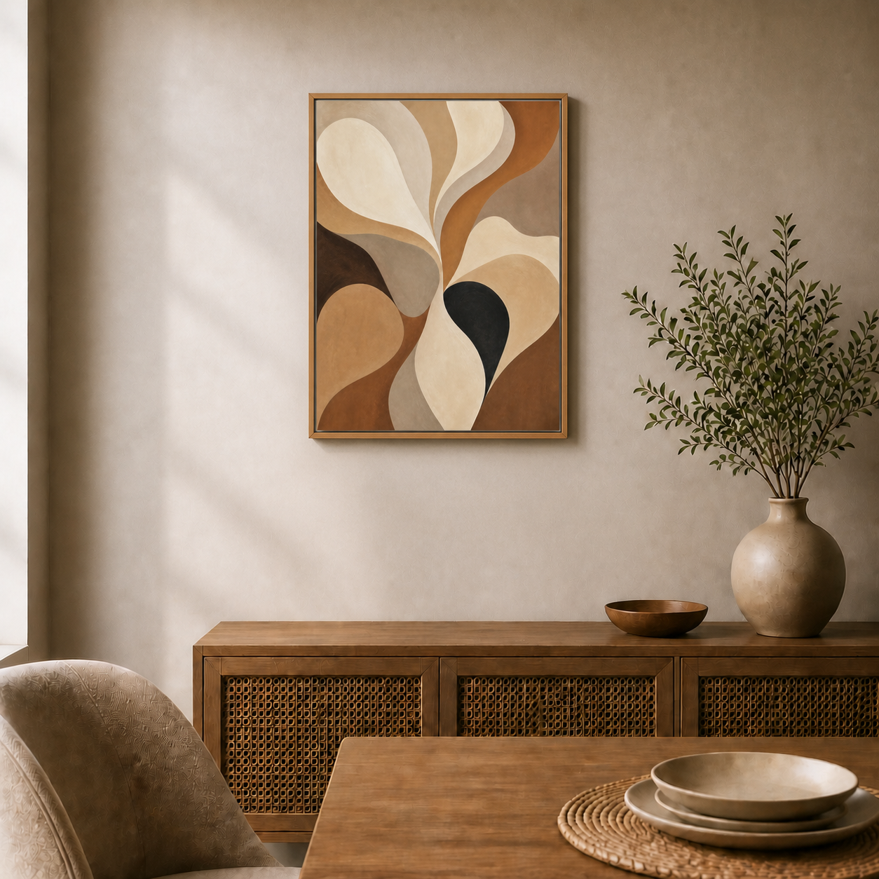 Neutral Flowing Organic Abstract Canvas Wall Art - Brown Frame wall scene