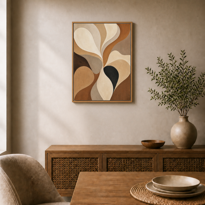 Neutral Flowing Organic Abstract Canvas Wall Art - Brown Frame wall scene