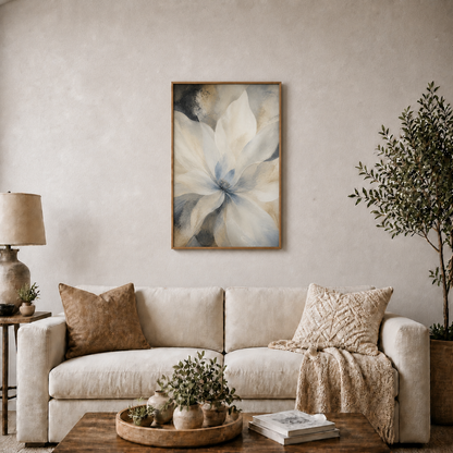 Neutral Abstract Flower Floating Frame Wall Art - Brown Frame wall scene