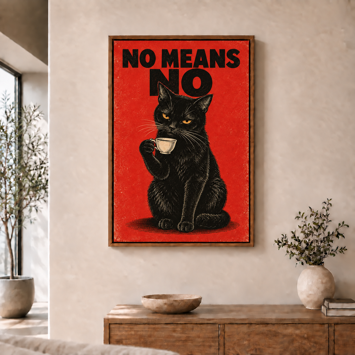 NO MEANS NO black cat artwork in brown frame room scene