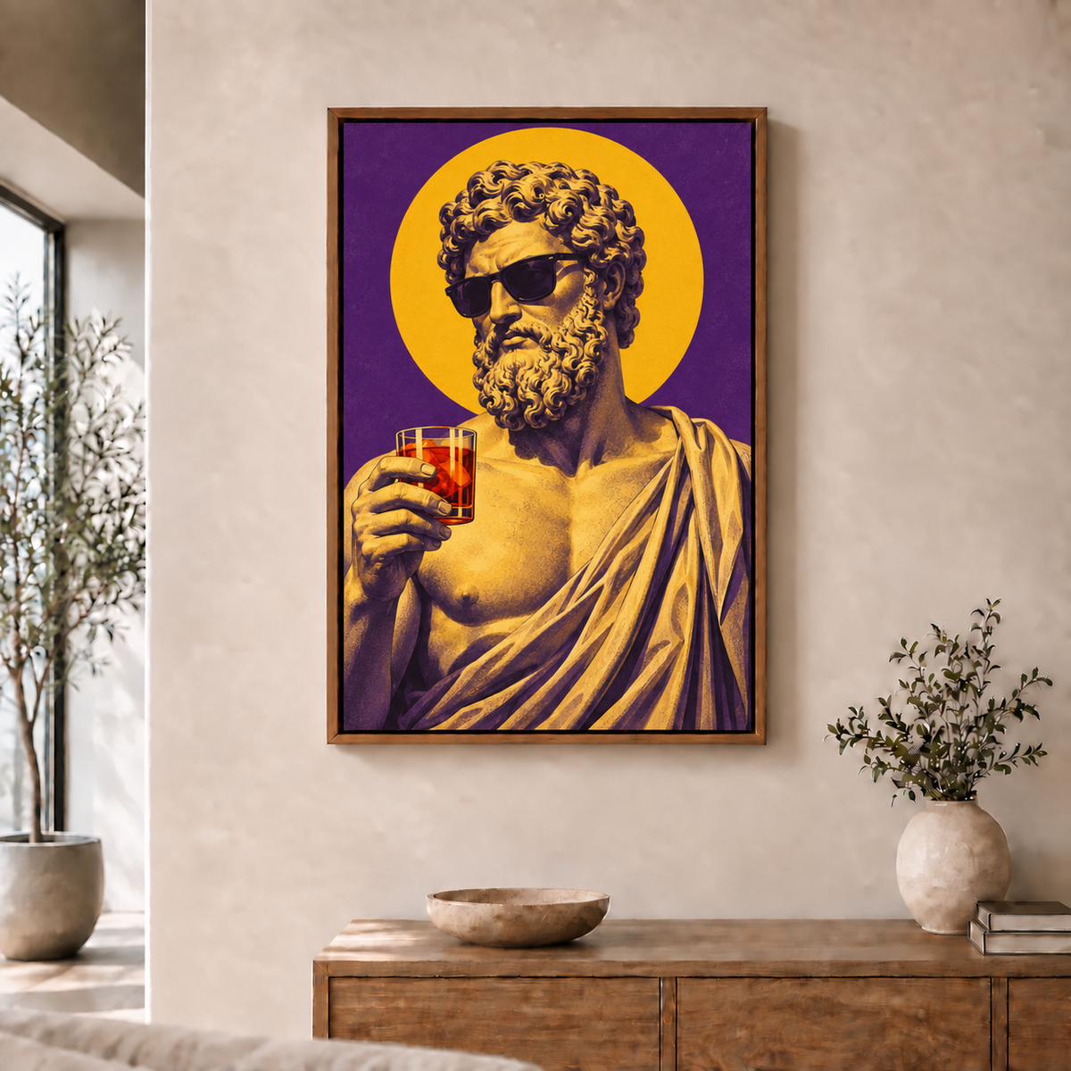 classical sculpture bust wearing sunglasses in brown frame room scene