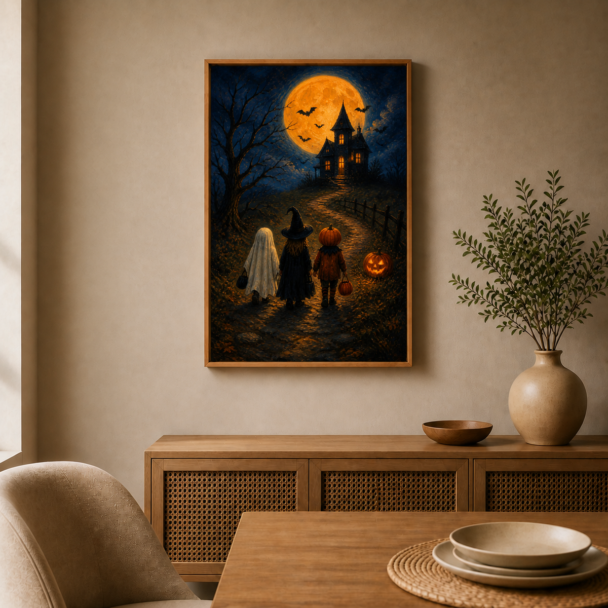 Trick or Treat Haunted House Halloween Canvas Wall Art - Brown Frame wall scene