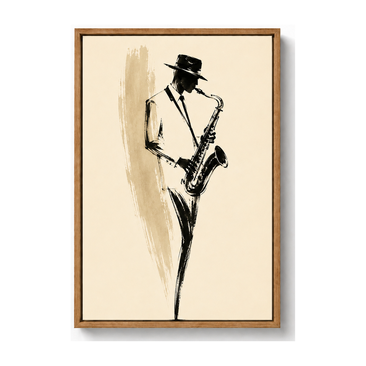 Minimal Saxophonist Ink Brush Canvas Wall Art with warm wood floater frame — styled room view, image 3