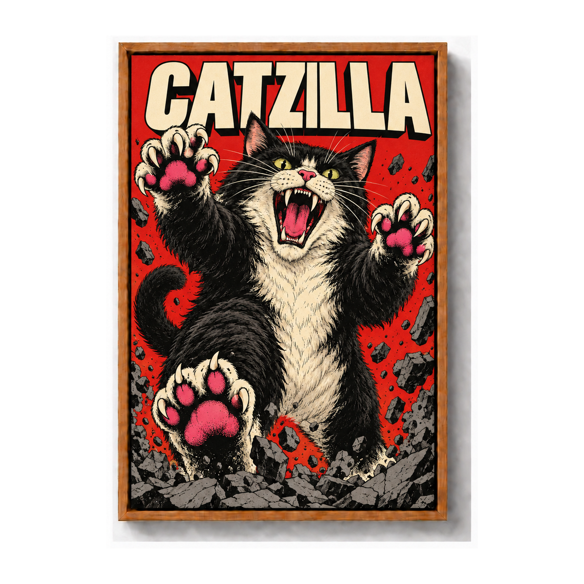 CATZILLA cat kaiju in comic city scene brown frame canvas print