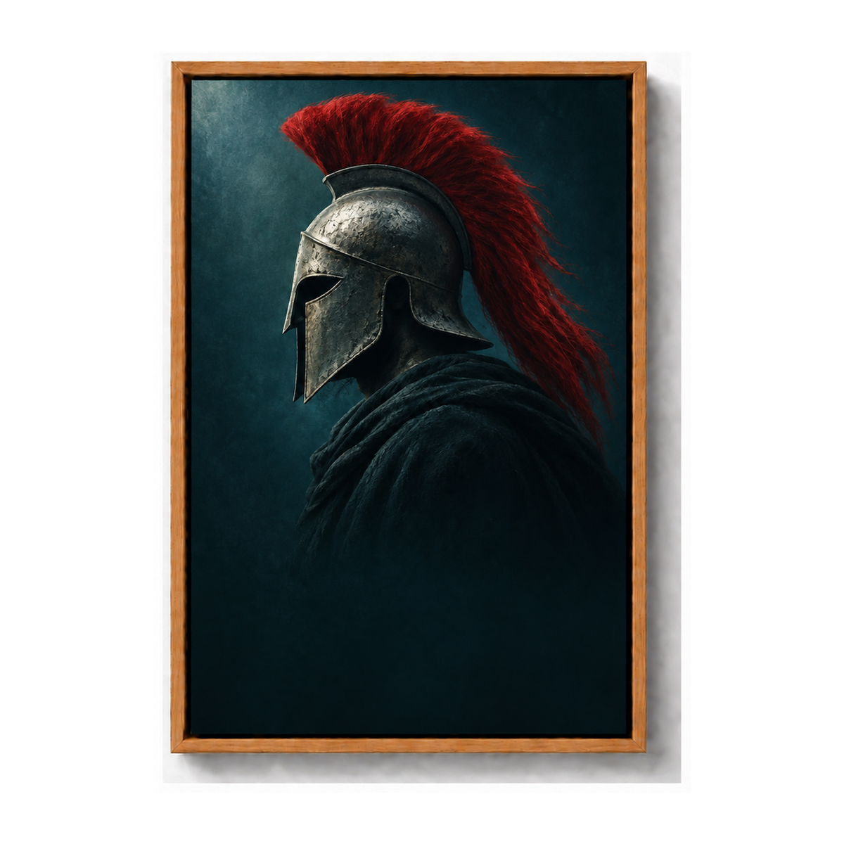 silver helmet warrior with red crest brown frame canvas print