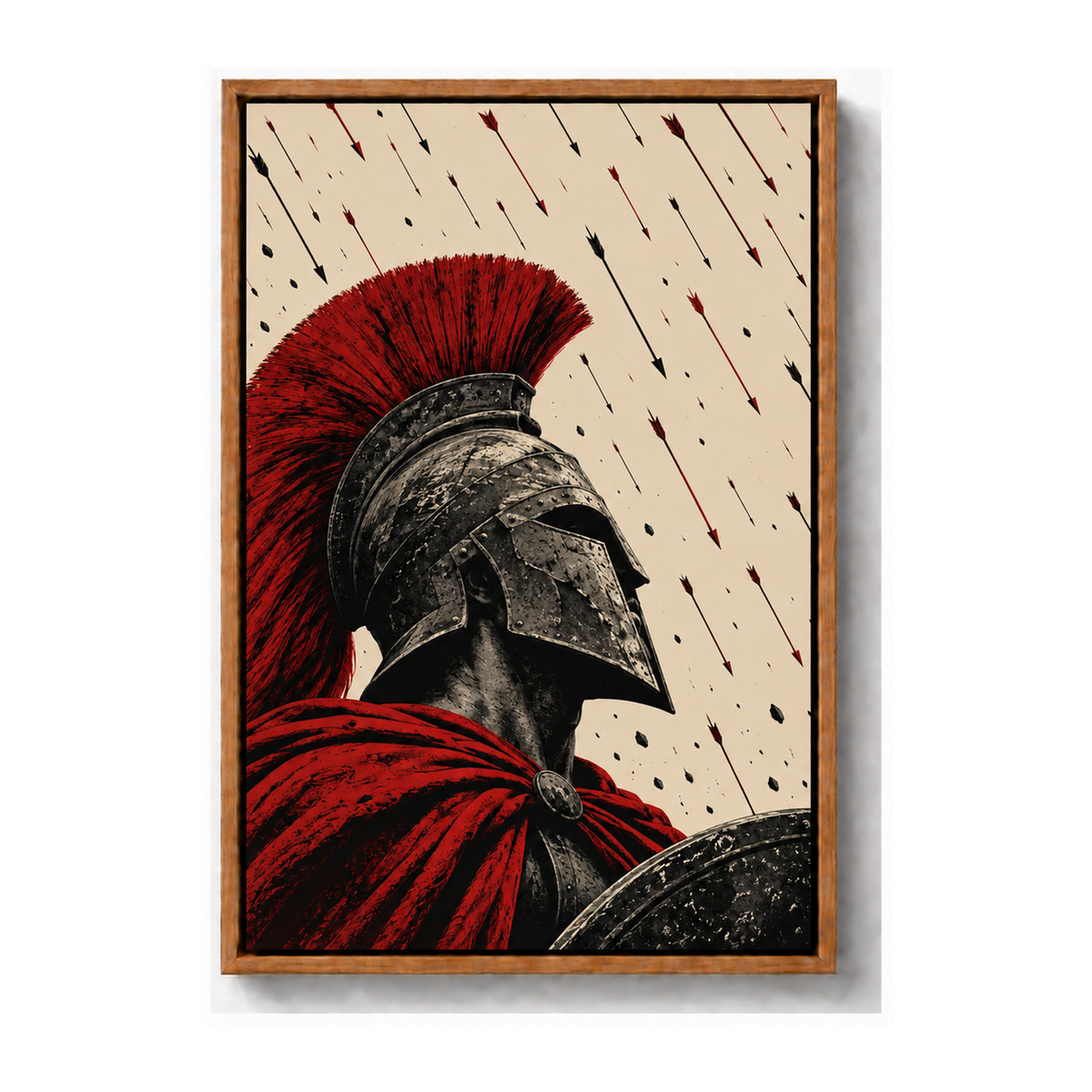 red crest warrior beneath a rain of arrows brown frame canvas print