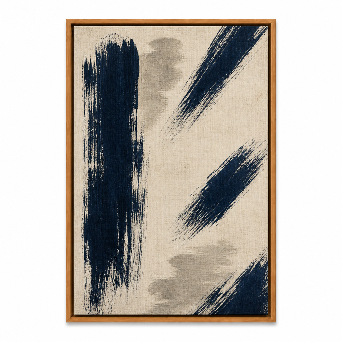 Navy Dry Brush Abstract Floating Frame Wall Art - Brown Frame white background SKU