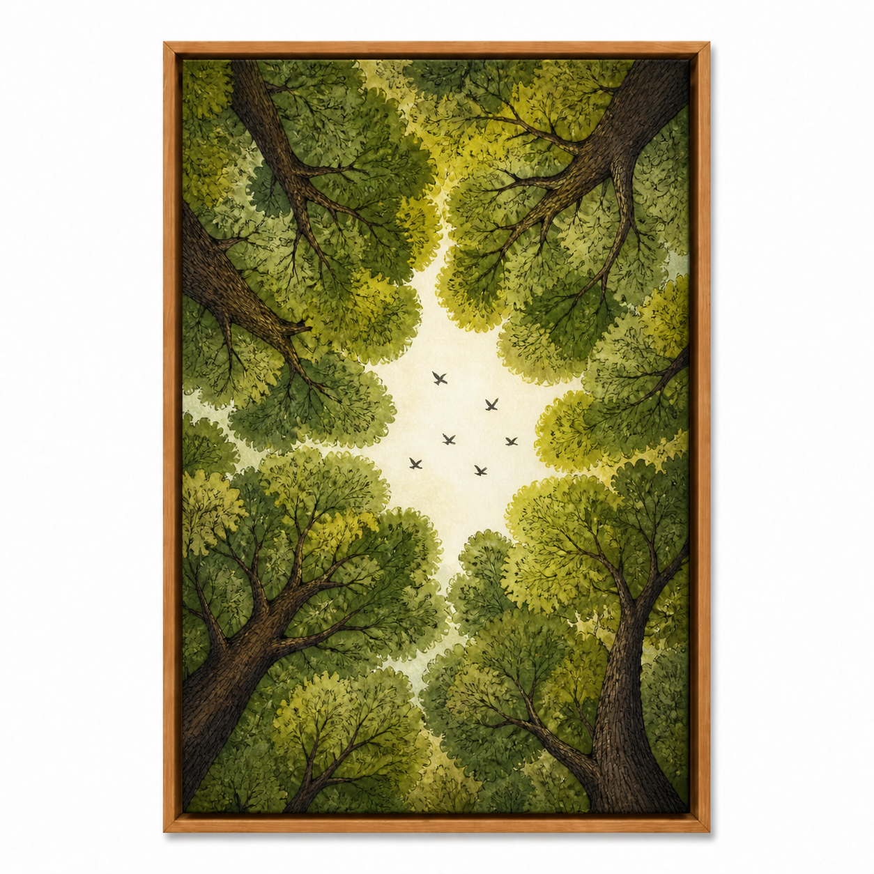 Forest Canopy Birds Floating Frame Wall Art - Brown Frame white background SKU