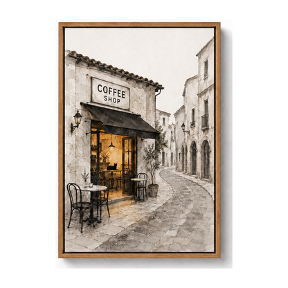 European Coffee Shop Alley Watercolor Canvas Wall Art with warm wood floater frame — styled room view, image 3