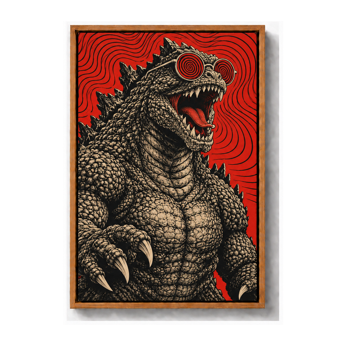 original kaiju wearing red spiral glasses brown frame canvas print