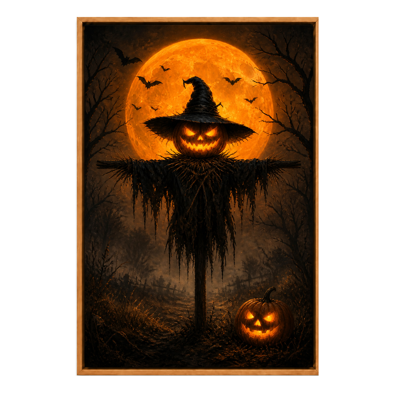 Angry Pumpkin Scarecrow Halloween Canvas Wall Art - Brown Frame white background SKU