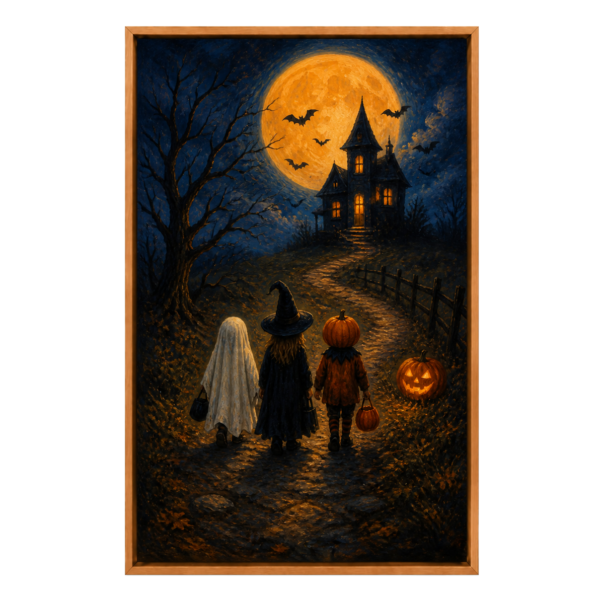 Trick or Treat Haunted House Halloween Canvas Wall Art - Brown Frame white background SKU