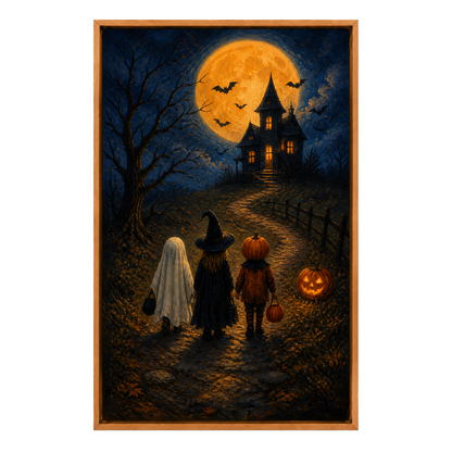 Trick or Treat Haunted House Halloween Canvas Wall Art - Brown Frame white background SKU