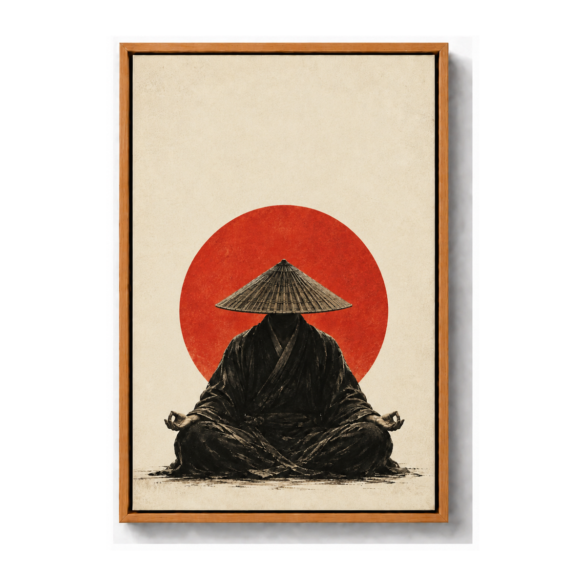 meditating monk before a red sun brown frame canvas print