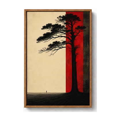 Red Band Solitary Tree Surreal Canvas Wall Art with warm wood floater frame — styled room view, image 3