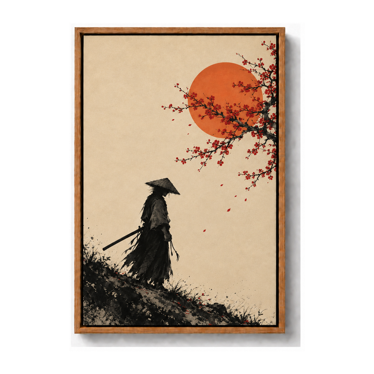 wandering samurai beneath cherry blossoms and sun brown frame canvas print