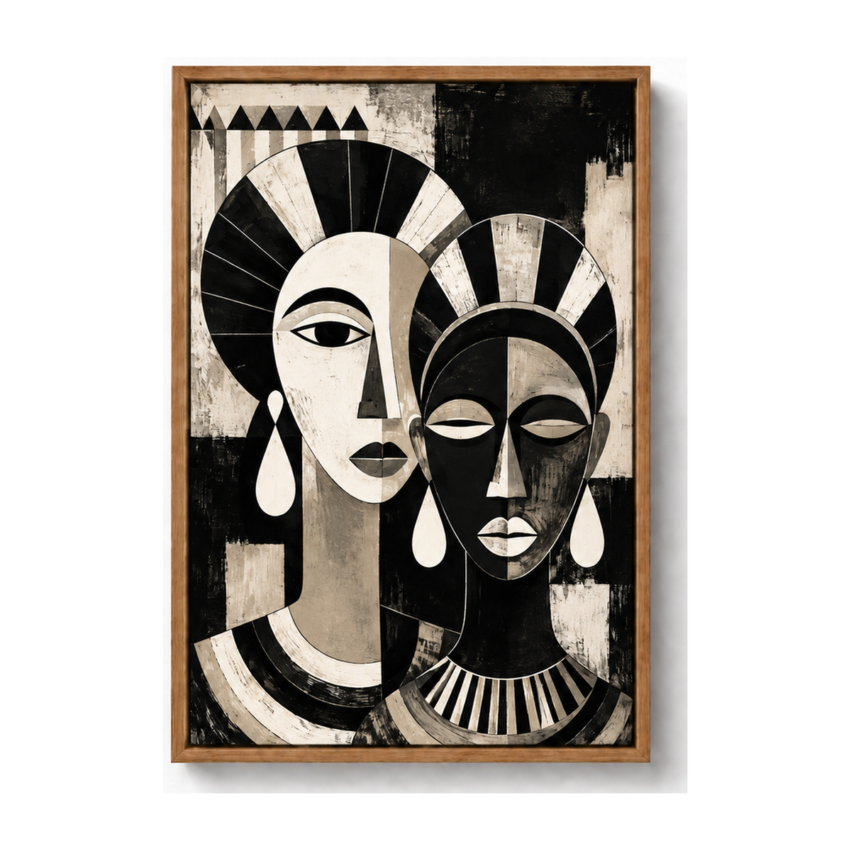 Overlapping Geometric Faces Abstract Canvas Wall Art with warm wood floater frame — styled room view, image 3