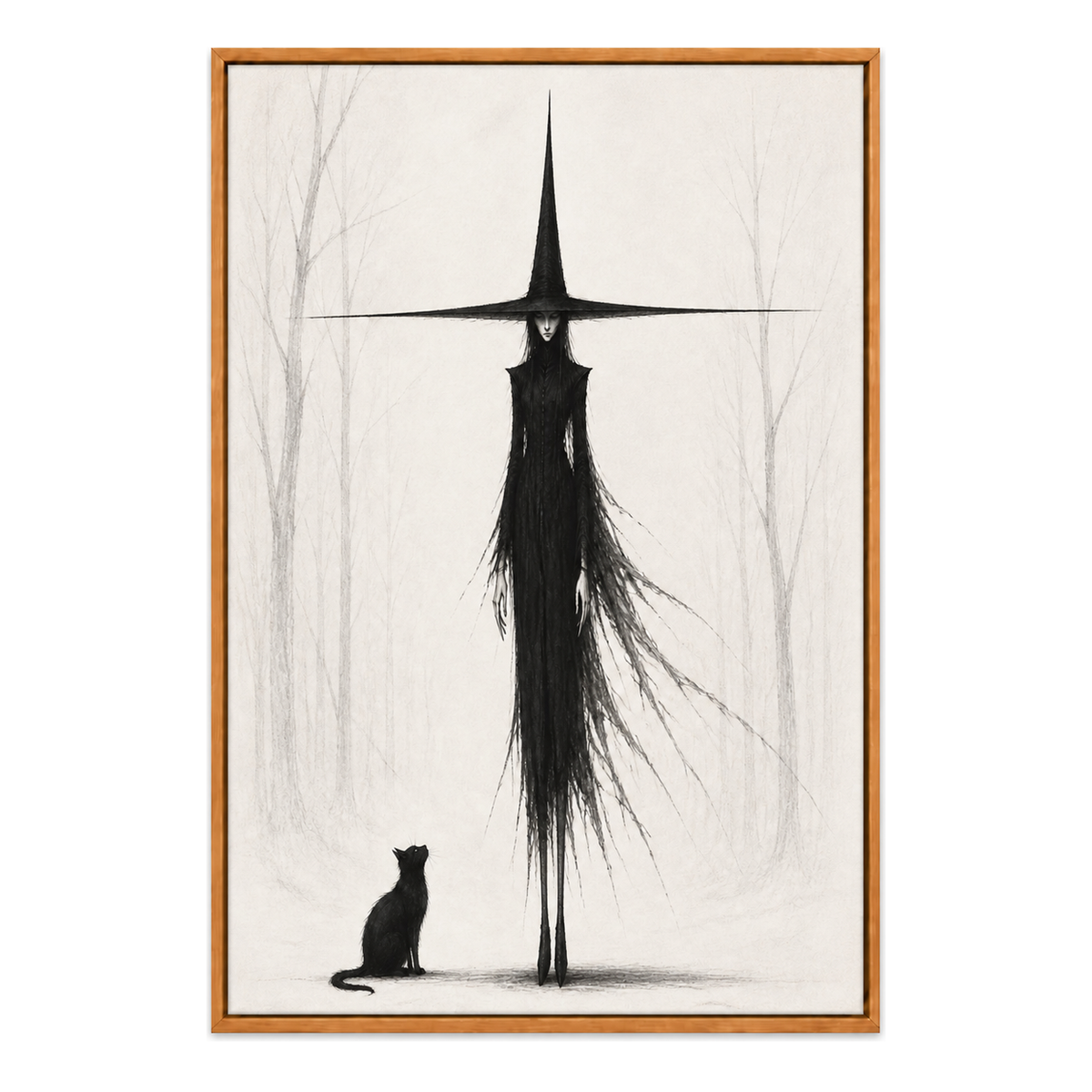 Tall Witch and Black Cat Monochrome Canvas Wall Art - Brown Frame white background SKU