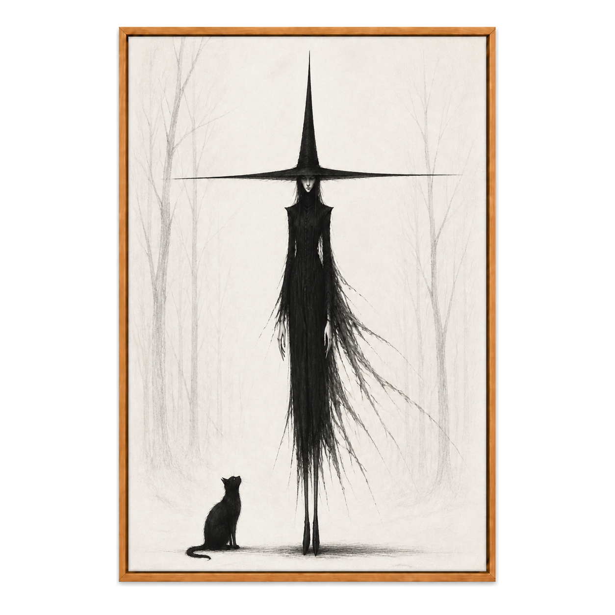 Tall Witch and Black Cat Monochrome Canvas Wall Art - Brown Frame white background SKU