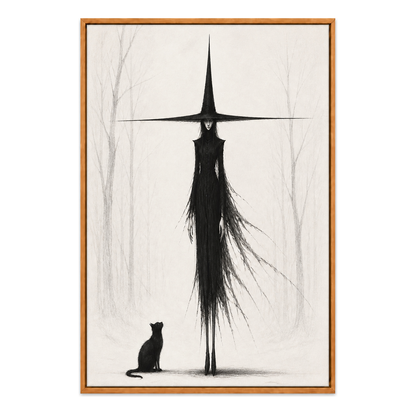 Tall Witch and Black Cat Monochrome Canvas Wall Art - Brown Frame white background SKU