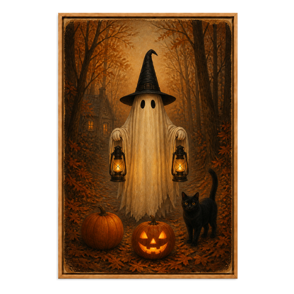 Ghost Lanterns and Black Cat Halloween Canvas Wall Art - Brown Frame white background SKU
