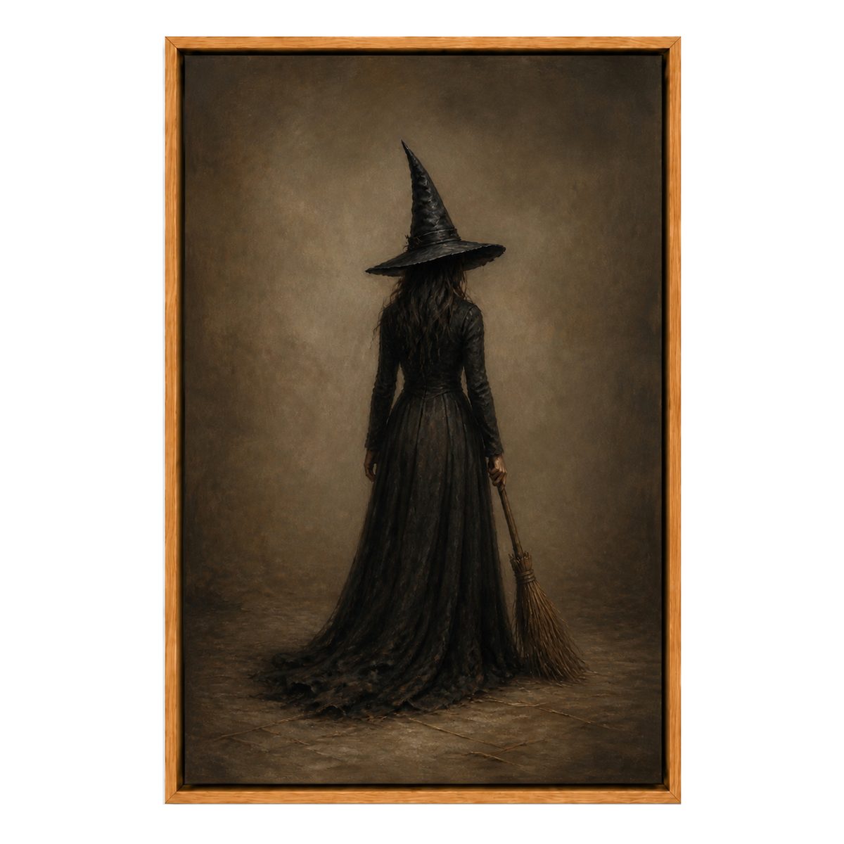 Lone Witch with Broom Dark Fantasy Canvas Wall Art - Brown Frame white background SKU