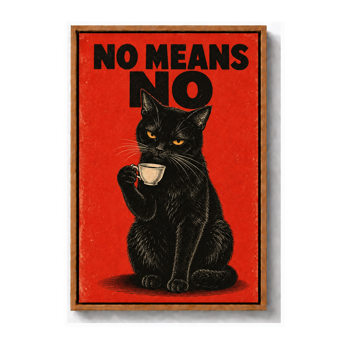 NO MEANS NO black cat artwork brown frame canvas print