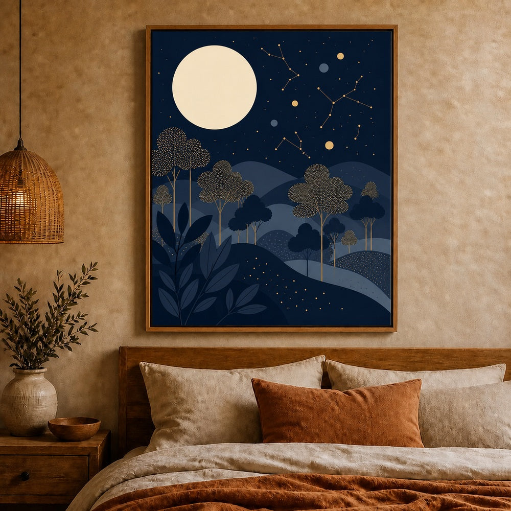celestial-moonlit-forest-floating-frame-wall-art | bedroom-wall-scene