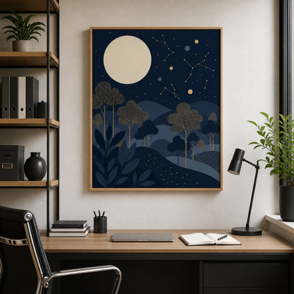 celestial-moonlit-forest-floating-frame-wall-art | office-wall-scene