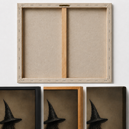 Lone Witch with Broom Dark Fantasy Canvas Wall Art - Three Finish upper-right frame corner macro details