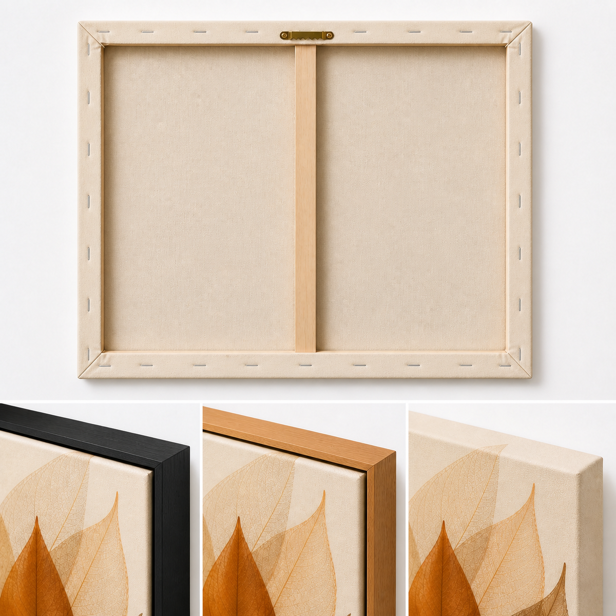 Amber Skeleton Leaves Canvas Wall Art - Three Finish frame corner macro details