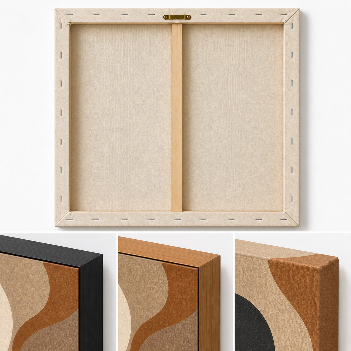 Neutral Flowing Organic Abstract Canvas Wall Art - Three Finish frame corner macro details