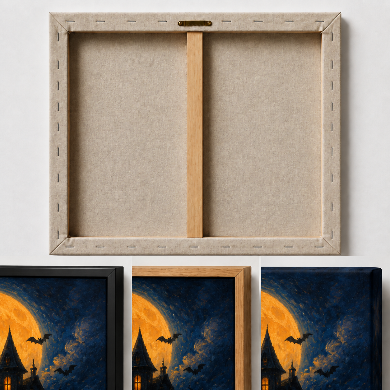 Trick or Treat Haunted House Halloween Canvas Wall Art - Three Finish upper-right frame corner macro details