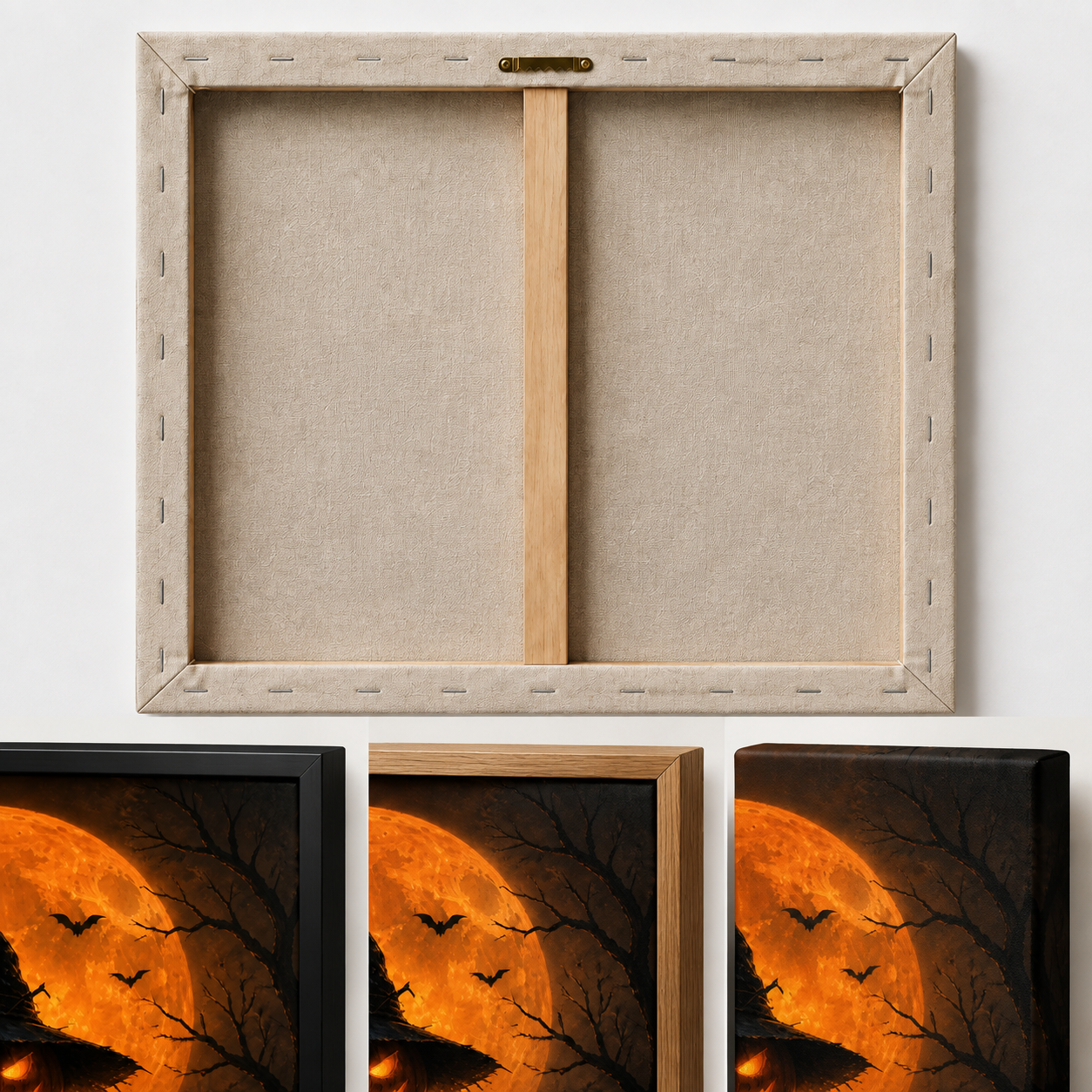 Angry Pumpkin Scarecrow Halloween Canvas Wall Art - Three Finish upper-right frame corner macro details