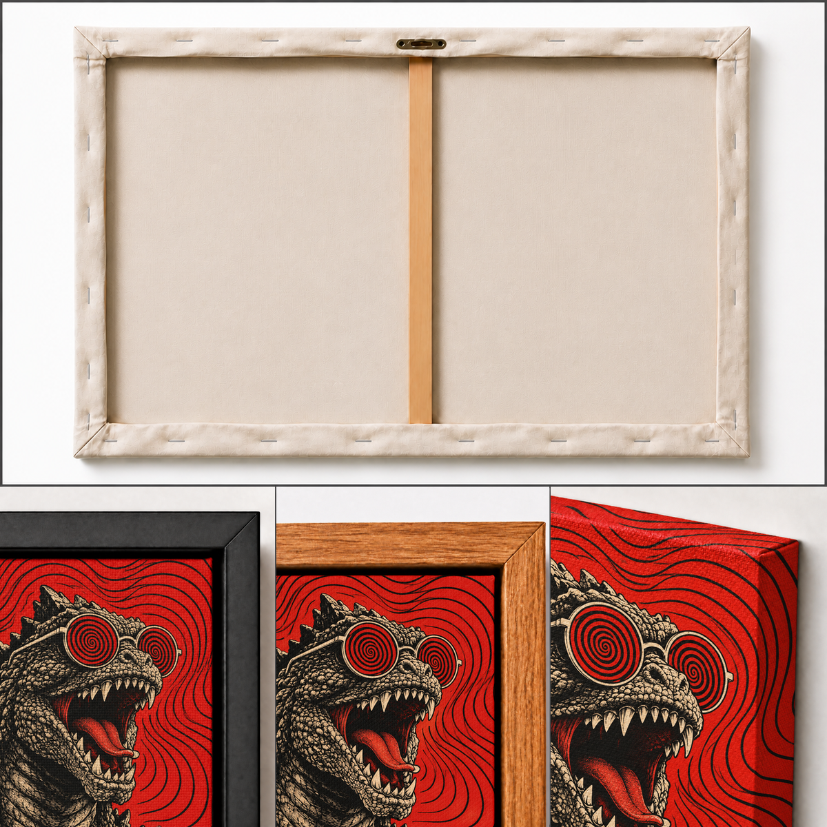 original kaiju wearing red spiral glasses oil-painting-style artwork detail