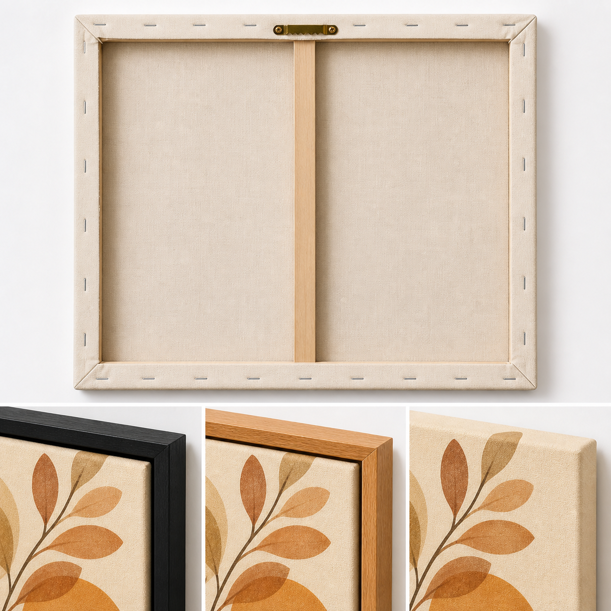 Boho Botanical Geometric Canvas Wall Art - Three Finish frame corner macro details
