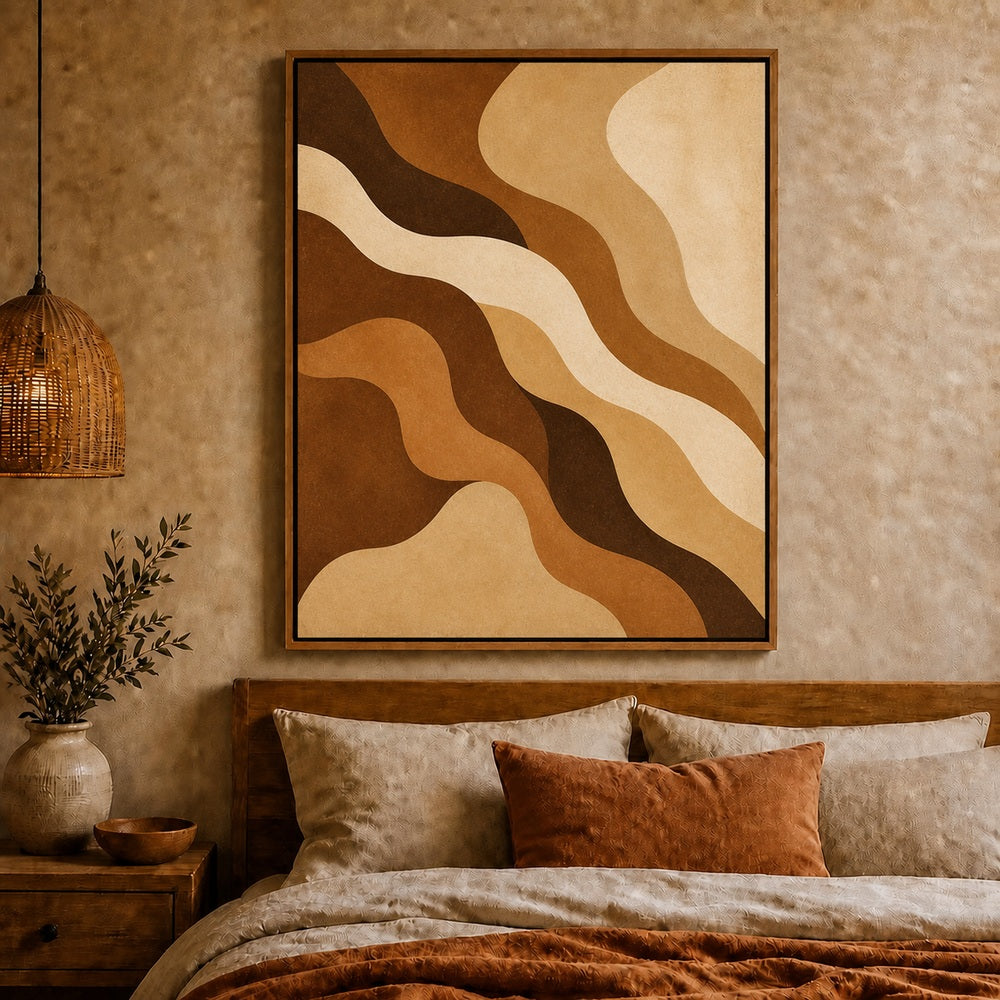 earthtone-flowing-organic-curves-floating-frame-wall-art | bedroom-wall-scene