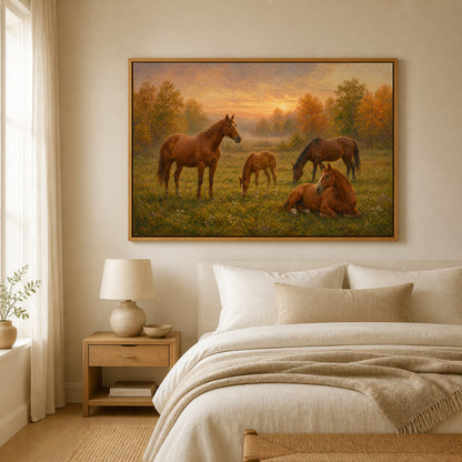 four-horses-in-an-autumn-pasture-floating-frame-wall-art | bedroom-wall-scene