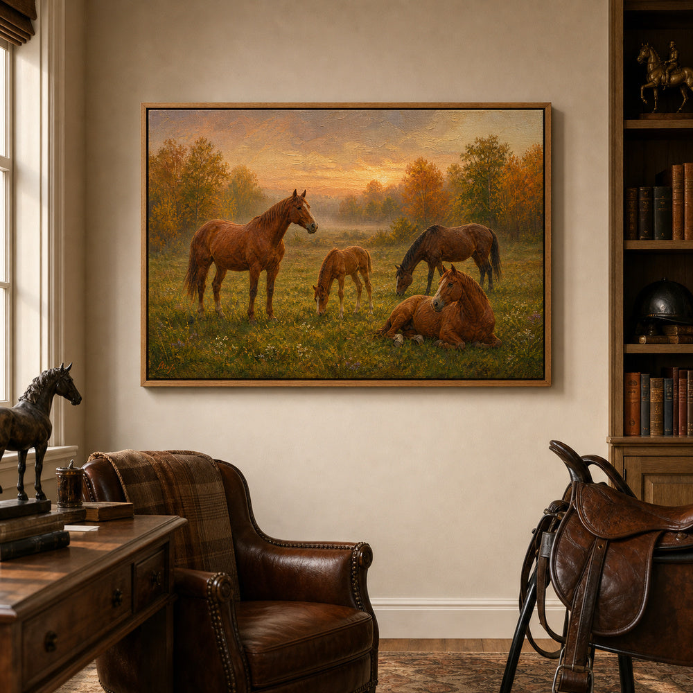 four-horses-in-an-autumn-pasture-floating-frame-wall-art | office-wall-scene
