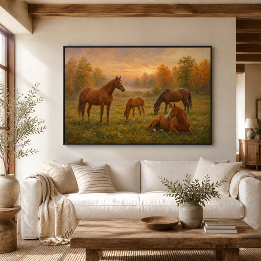 four-horses-in-an-autumn-pasture-floating-frame-wall-art | wall-scene-primary