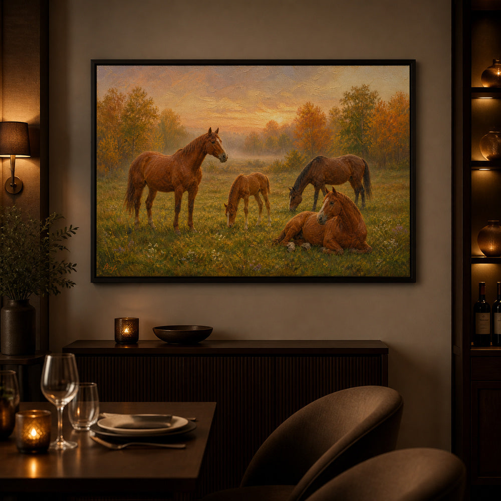 four-horses-in-an-autumn-pasture-floating-frame-wall-art | wall-scene-secondary