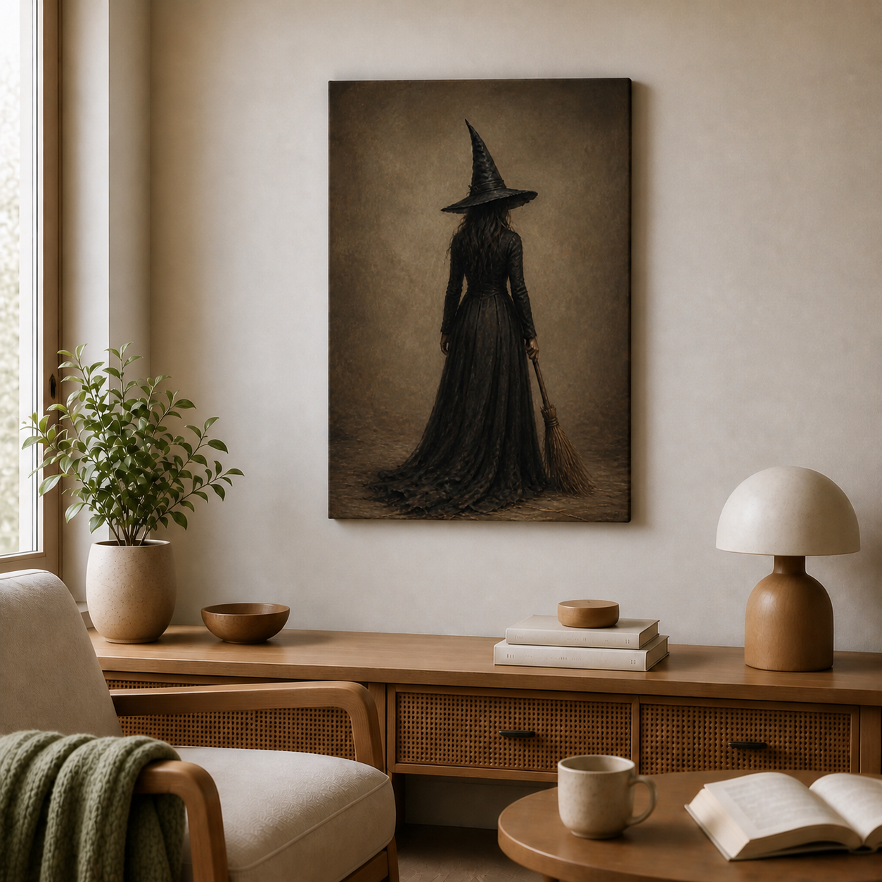 Lone Witch with Broom Dark Fantasy Canvas Wall Art - Frameless wall scene